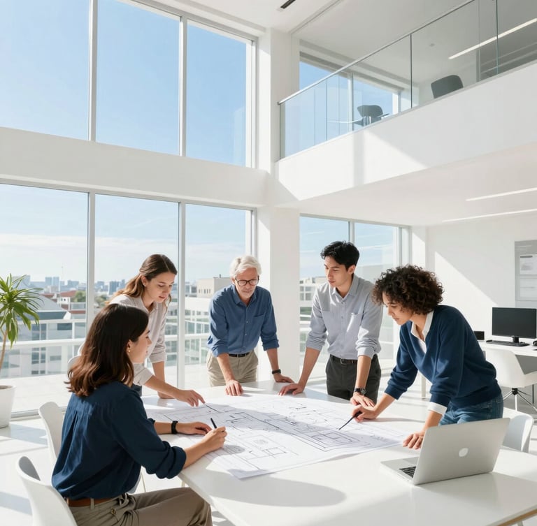 A bright, high-key collaborative planning session in a modern, sunlit architectural office. Team members analyze blueprints on a large white table, surrounded by clean minimalist decor and morning sun.