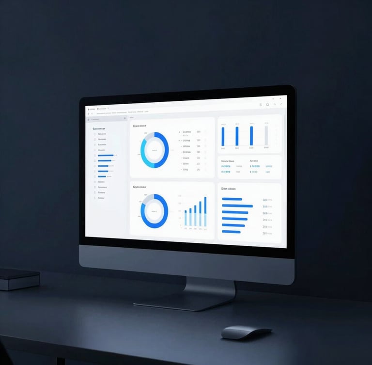 Minimalist modern tech workspace with a single glowing monitor displaying clean analytics dashboards, cool blue ambient light, sharp macro focus