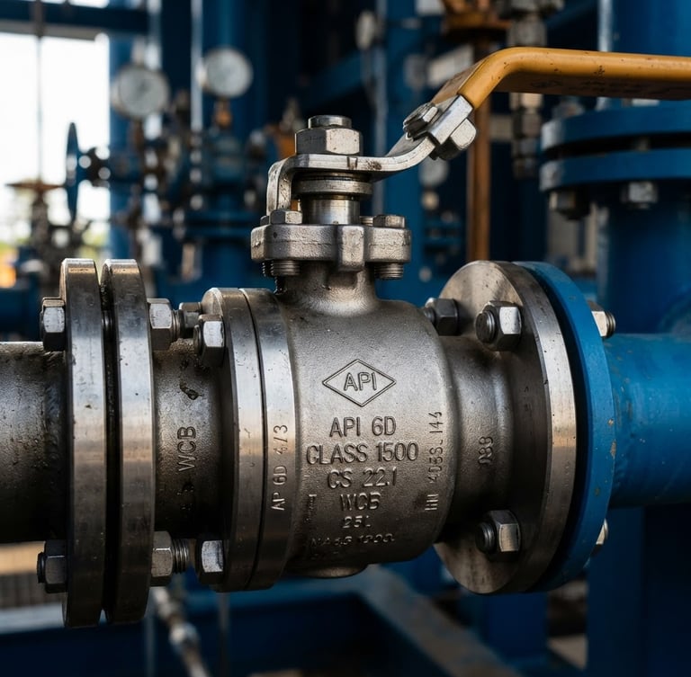 Macro close-up of a high-pressure steel valve with API certification stamp, clean industrial setting, dramatic side lighting, safety amber accents