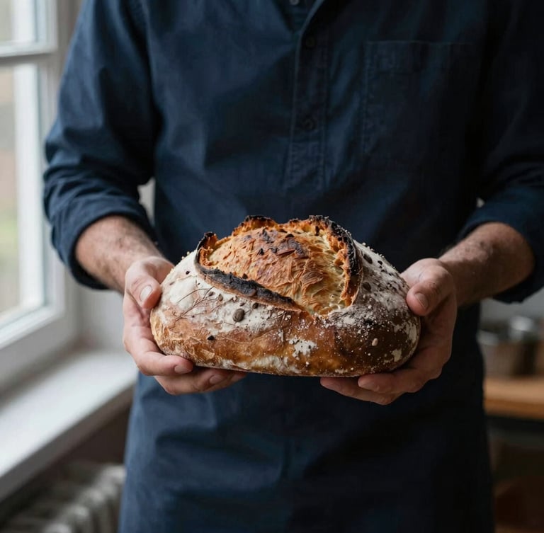 Portrait d'un boulanger, de la farine sur les mains, tenant un pain au levain frais, lumière naturelle douce venant d'une fenêtre, atmosphère chaleureuse de cuisine, style scandinave, matte finish.