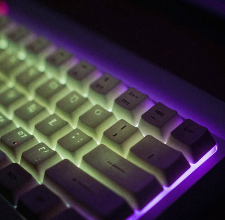 Macro shot of a glowing mechanical keyboard in a pitch-black room, illuminated by a harsh violet screen glow, cinematic film grain