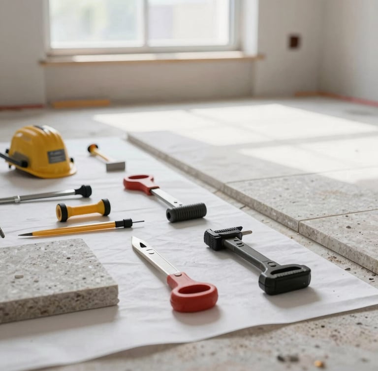 A highly organized and clean indoor construction site, professional tools neatly arranged on a protective floor sheet, bright daylight streaming through a window
