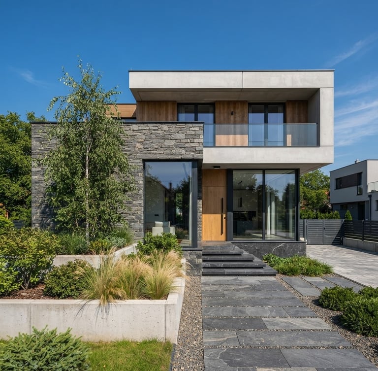 Crisp architectural photograph of a modern home exterior in Nyíregyháza, bright natural daylight, sharp details of stone and concrete textures, clean geometric composition