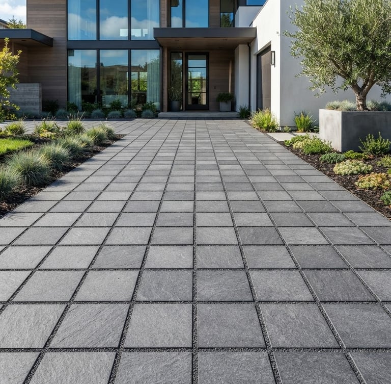 Crisp architectural photography of a modern residential driveway with perfectly aligned gray basalt paving stones, bright afternoon daylight, clean geometric alignment, sharp stone textures, no people.
