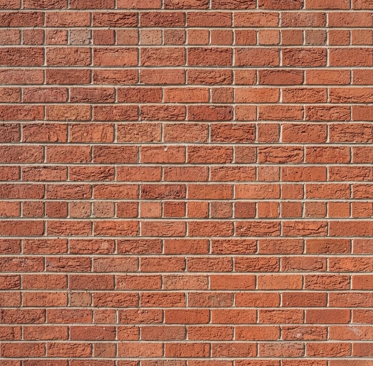 Straight-on close-up of a perfectly aligned red brick wall under bright afternoon sun, sharp mortar lines, crisp geometric construction photography