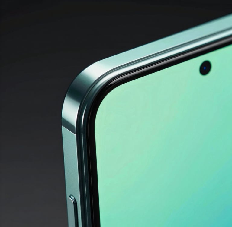 Extreme macro shot of an Android device edge, showing the premium metal bezel and curved glass screen, electric mint neon backlighting reflecting on the surface, high-fidelity details, 35mm
