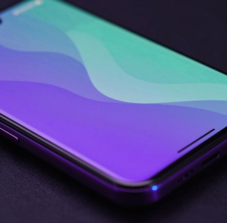 Macro close-up of a high-end Android smartphone screen showing a fluid violet and mint green interface transition, moody low-key studio lighting with vibrant neon reflections, 35mm
