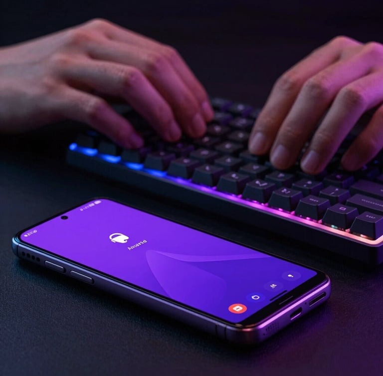 Macro portrait of a mobile developer's hands coding on a mechanical keyboard, a high-end Android test device glowing with a vibrant violet interface in the foreground, moody low-key lighting
