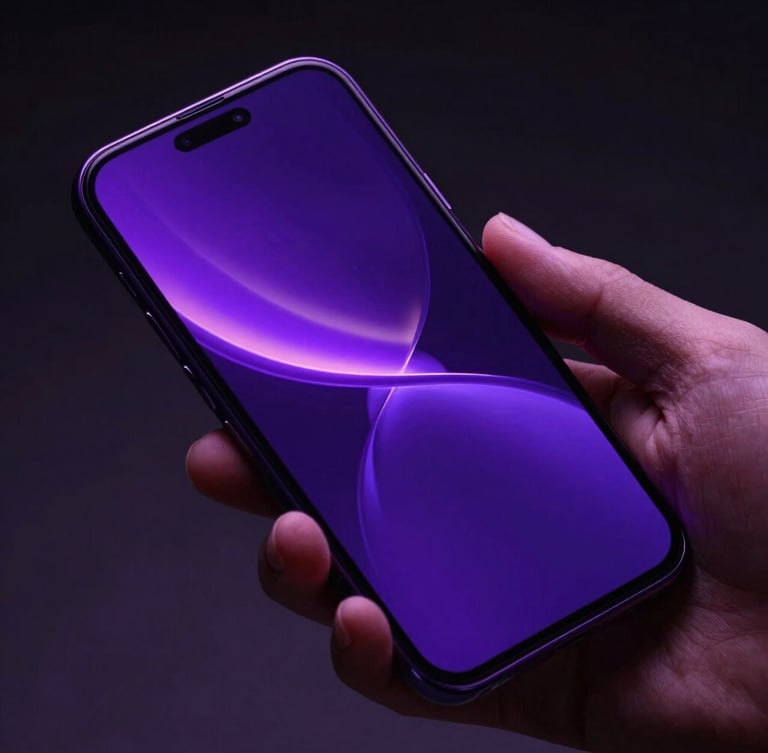 High-resolution close-up of a hand holding a sleek Android phone, vibrant violet neon light reflecting off the glass screen showing a fluid interface transition, dark moody studio background, 35mm