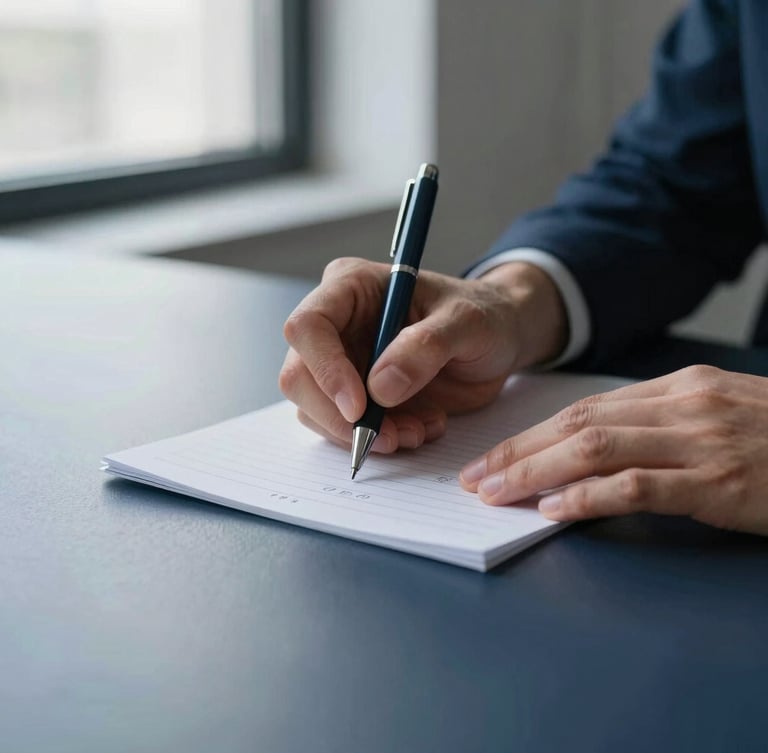 Close-up of hands making notes on textured paper with a pen in a modern, organized office, soft natural window light, deep navy and slate tones, shallow depth of field.