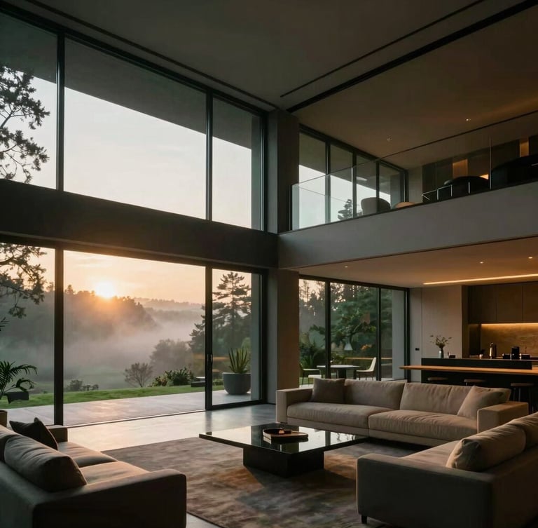Sleek modern luxury villa interior, expansive glass walls looking out to a misty forest at sunrise, warm minimal furniture, architectural lighting, 35mm