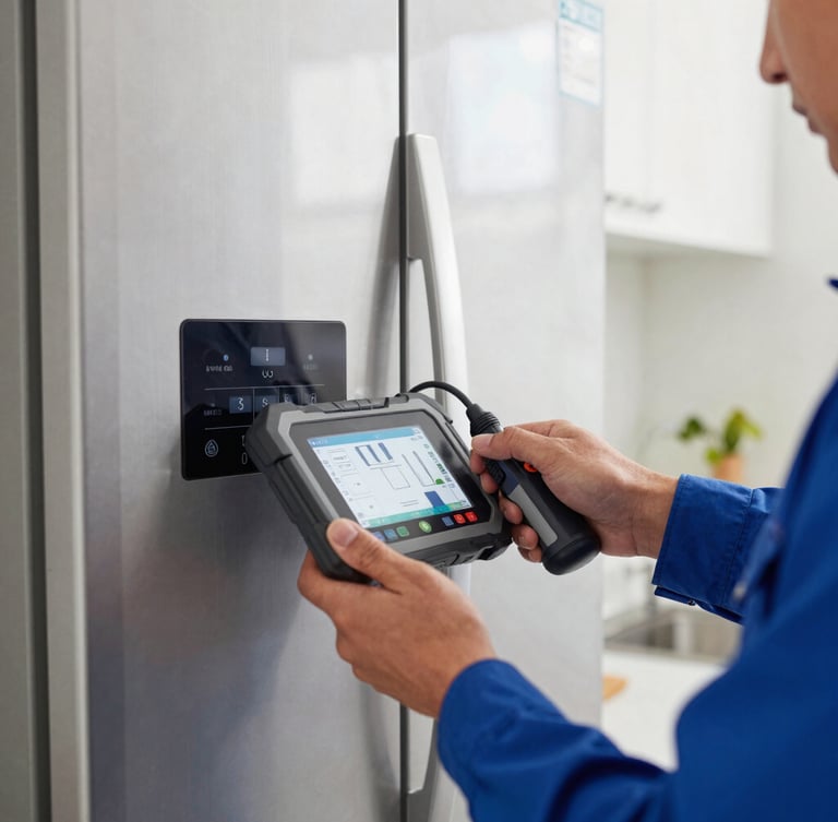 Close-up of a technician's hands in blue uniform using a digital diagnostic tool on a modern stainless steel refrigerator control panel, bright natural kitchen light, sharp focus