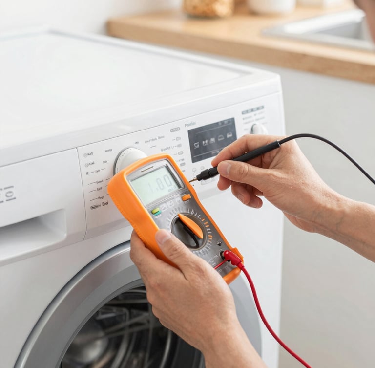 Close-up of a technician's hands using a digital multimeter to test a premium washing machine control panel, bright natural indoor lighting, sharp focus on technical details