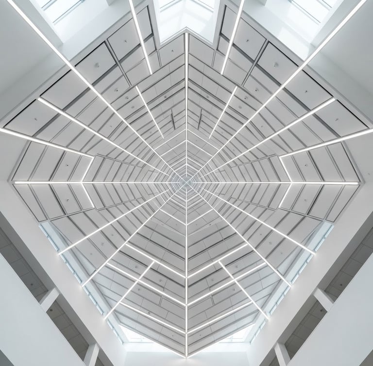 Symmetrical low-angle architectural photograph looking up at a perfectly aligned modular white ceiling with integrated linear LED lighting, sharp focus, bright natural daylight, grey shadows, minimalist style