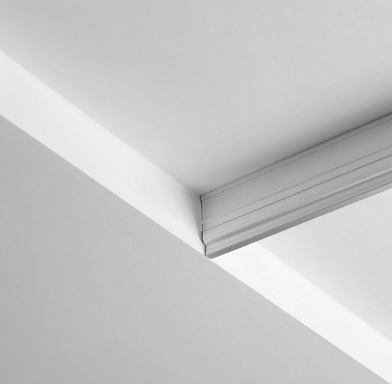 Macro shot of a pristine white ceiling joint with a clean aluminum profile, perfectly straight lines, architectural studio lighting, sharp focus, minimalist style