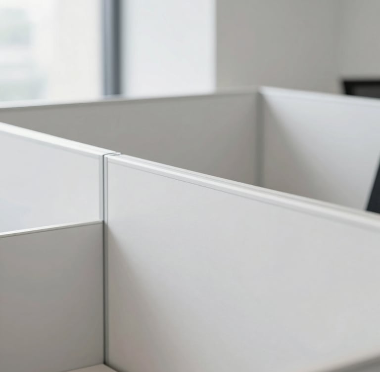 Architectural detail of an empty office space showing clean lines of a newly installed partition system, bright natural daylight, sharp focus