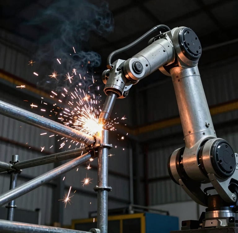 Low-angle powerful shot of a heavy robotic welding arm joining thick steel scaffolding joints, bright sparks, dark industrial workshop background, 35mm
