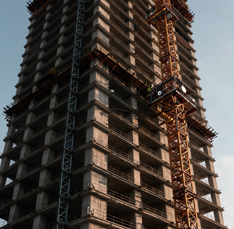 Low-angle dramatic shot of a massive high-rise construction site, heavy-duty steel shoring towers supporting a concrete floor pour, high-contrast industrial lighting, cool metallic tones with warm sunset highlights, 35mm