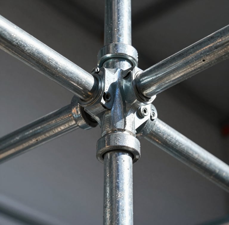 Low-angle powerful shot of a heavy-duty galvanized steel scaffolding coupler, high-contrast industrial lighting, cool metallic tones, sharp focus, 35mm.