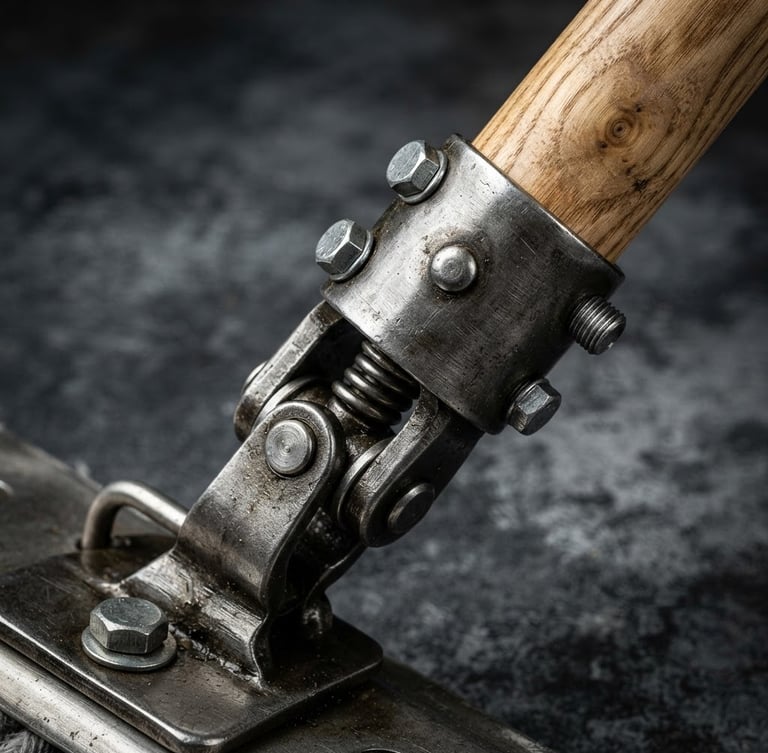 Extreme close-up of a heavy-duty steel mop joint and solid ash handle, sharp product photography, crisp studio light, neutral slate background, high contrast, 50mm