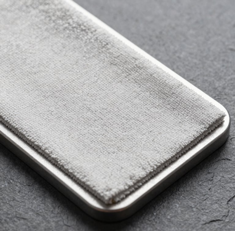 Extreme close-up of a textured microfiber cloth pad attached to a heavy-duty steel frame, crisp studio light showing individual fiber density, slate gray background