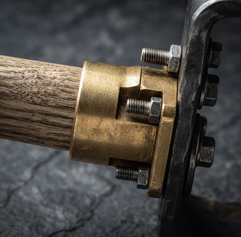 Extreme close-up of a heavy-duty brass fitting joining a solid ash handle to a steel frame, crisp studio lighting, neutral slate background, high contrast, 50mm