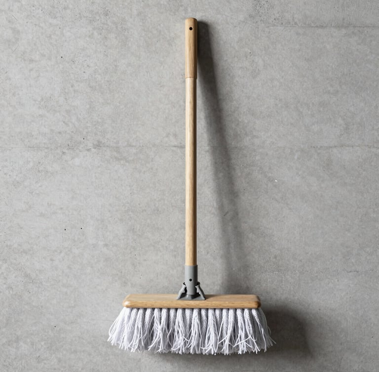 A solid ash mop handle resting against a clean, raw concrete wall, sharp studio shadows highlighting the wood grain, neutral tones, high contrast, 50mm