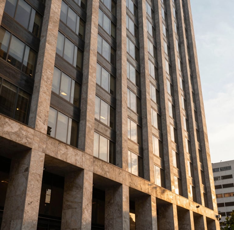 Wide-angle side-lit view of a modern architectural facade in São Paulo's financial district, sharp stone lines and tinted glass reflecting golden hour light, clean negative space.