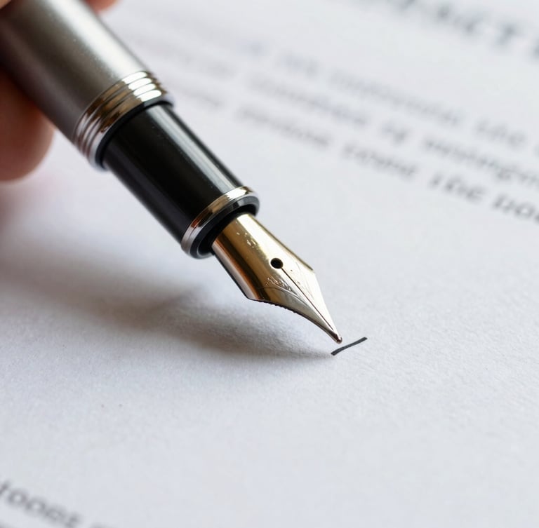Macro close-up of a fountain pen signing a structured financial contract on heavy, textured paper, soft side lighting highlighting the ink texture.
