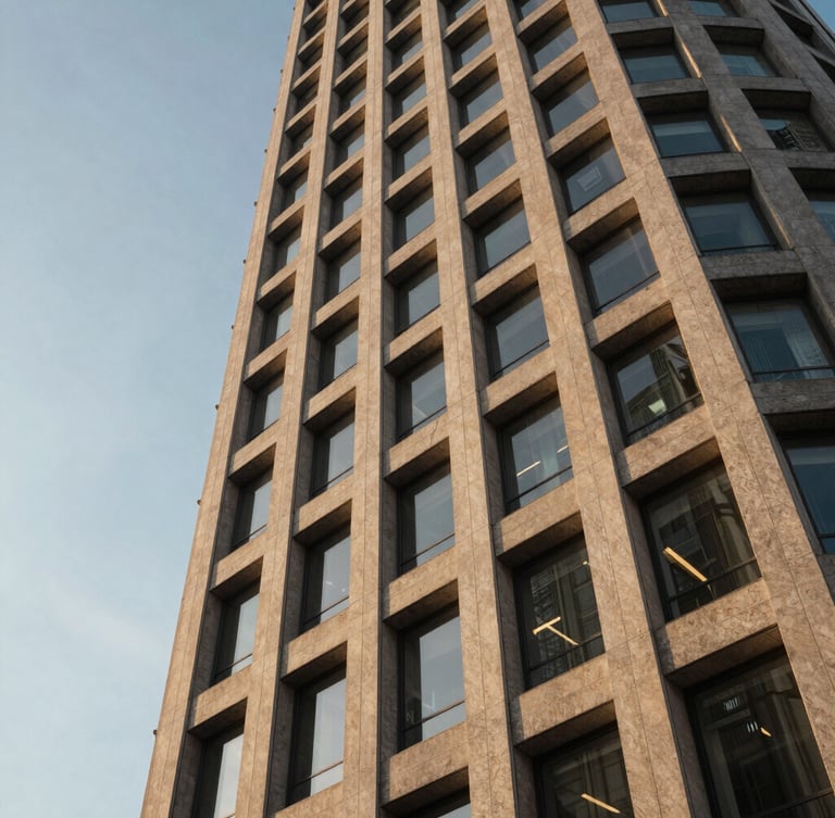 Wide-angle architectural detail of a modern financial capital skyscraper, sharp geometric concrete and glass lines reflecting warm golden hour sunlight, negative space to the left
