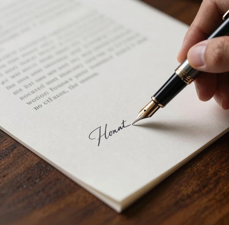 Close-up of a fountain pen signing a heavy textured cotton document on a dark oak desk, soft dramatic side-lighting.
