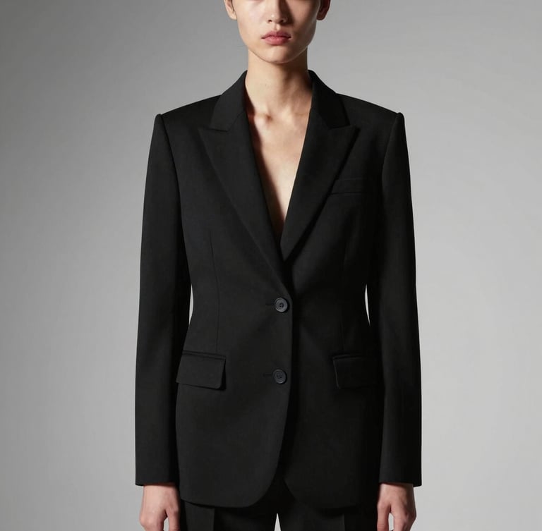 High-contrast studio fashion photography of a model in a sharp black structured blazer with crisp dramatic lighting, minimalist black and white background, medium format lens