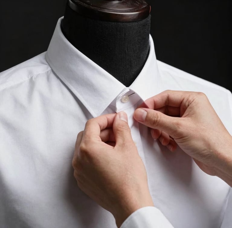 Close-up of a tailor's hands adjusting a crisp white shirt collar on a model, high-contrast studio lighting, minimalist black background