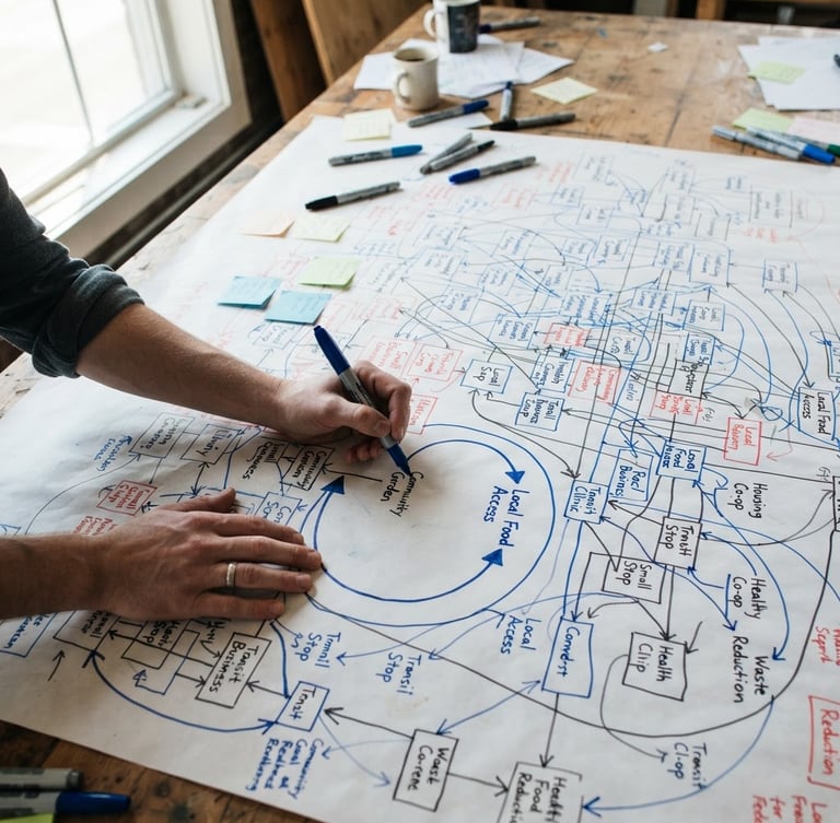 Overhead shot of a physical system map on a massive table, hands with blue ink markers drawing feedback loops connecting neighborhood resources, bright natural daylight.