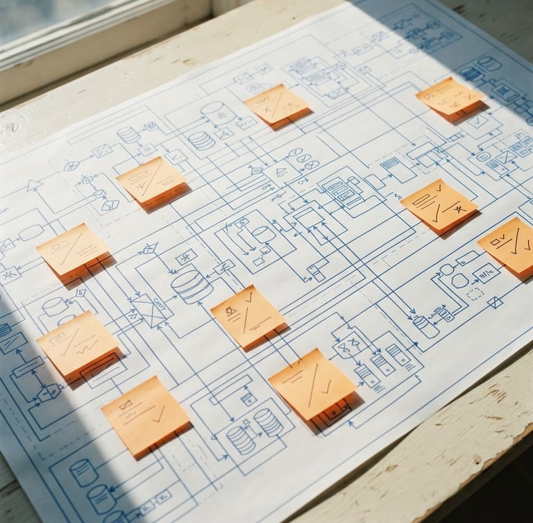An overhead, high-contrast shot of a crisp blueprint-style system mapping diagram on a cream desk, with technical blue lines and orange sticky notes, daylight casting sharp shadows.