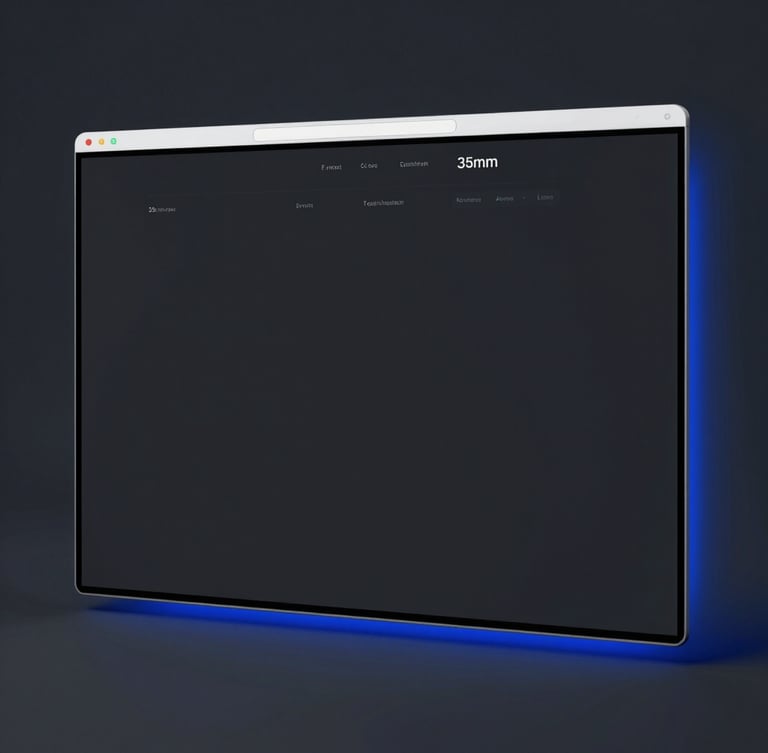 Sleek tech photography of a high-fidelity website mockup inside a minimal browser frame on a deep charcoal screen, cool studio lighting, electric blue accent glowing from the side, sharp focus, 35mm