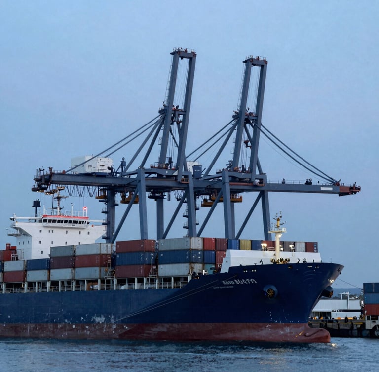 A massive container ship docked at a modern port terminal during blue hour, towering steel cranes, cool daylight, editorial industrial photography, 35mm
