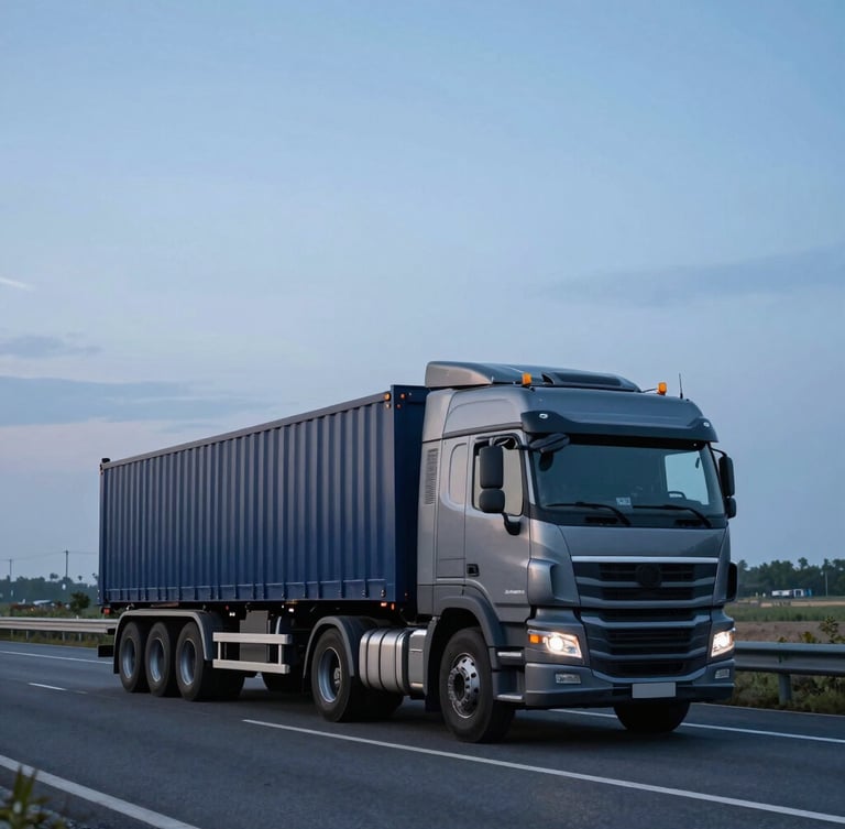 Wide-angle editorial industrial photography of a modern heavy-duty cargo truck driving on a scenic highway during cool blue-hour dawn, deep navy and steel gray tones, 35mm lens