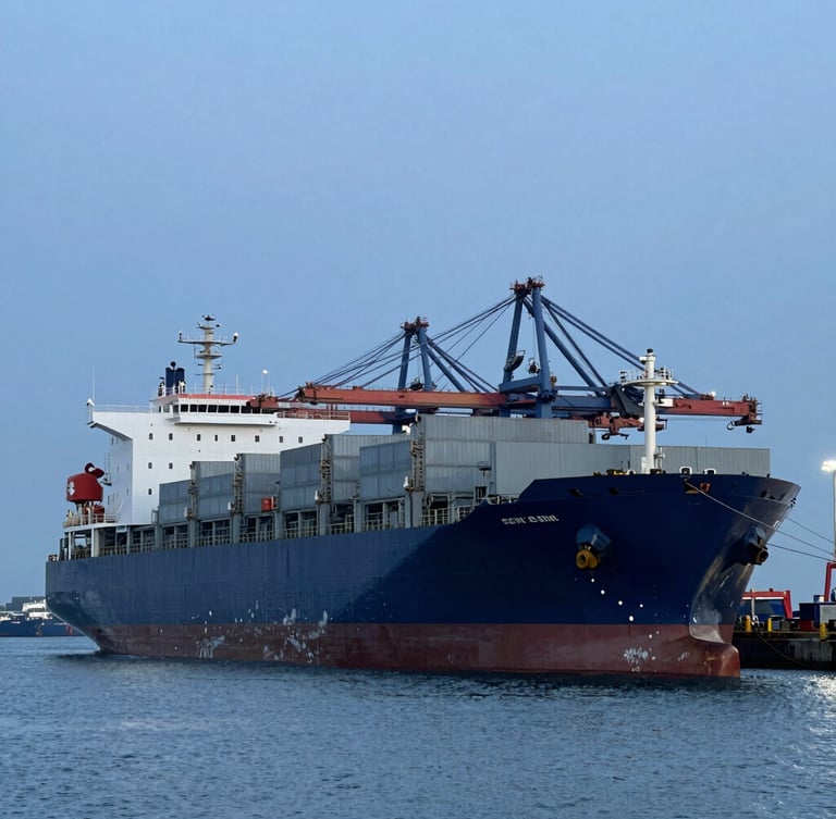 Wide-angle industrial photography of a massive cargo ship docked at a modern port terminal, cool blue-hour daylight, deep navy and steel gray tones, 35mm lens.