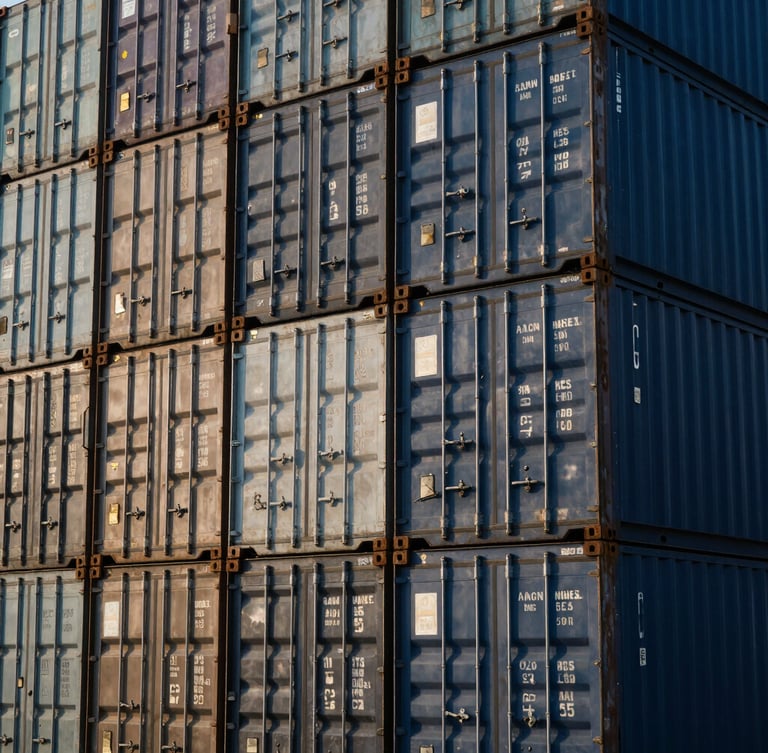 Close-up detail of steel shipping containers stacked neatly in a modern logistics terminal, morning sunlight, high-contrast industrial photography, 35mm.