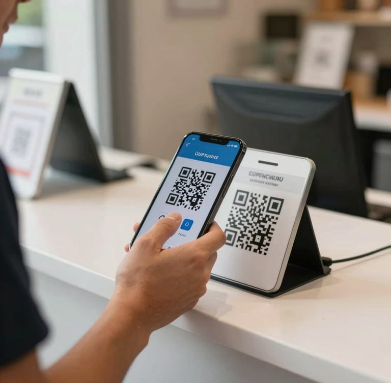 Close-up shot of a traveler scanning a secure QR code on their mobile phone at a clean, modern storefront counter, bright natural daylight.