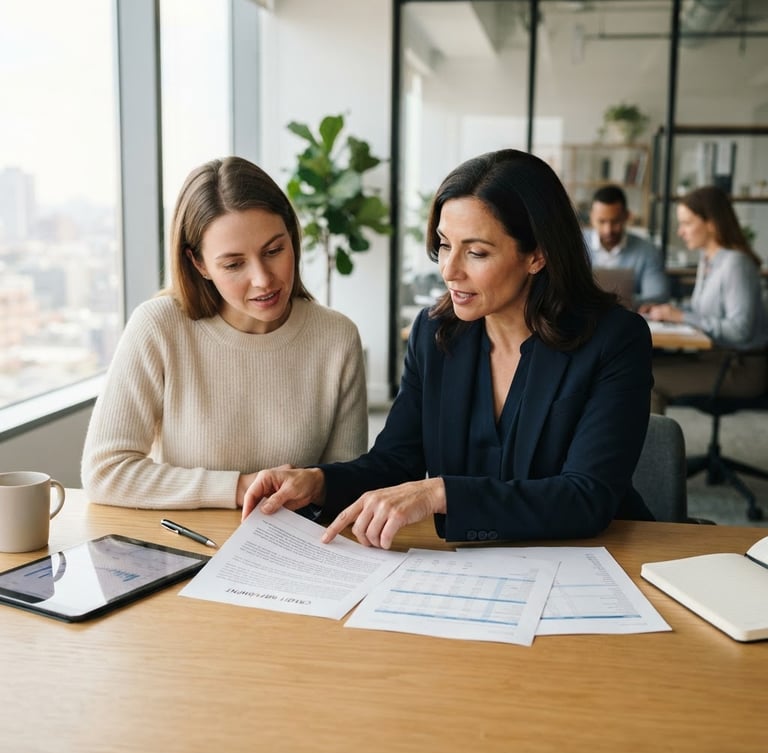 A professional financial consultant reviewing credit documents with a client in a bright modern office, warm natural morning light, shallow depth of field, authentic