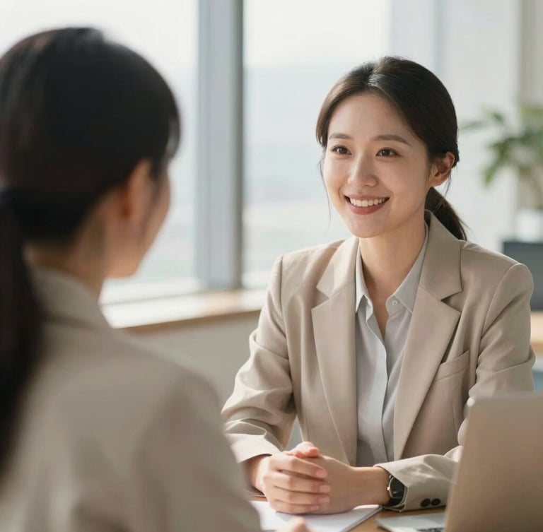 A professional financial consultant in a bright office, talking warmly to a client, soft morning light, shallow depth of field