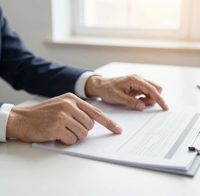 Close-up of professional hands pointing at a financial document on a clean desk, soft natural morning light, authentic