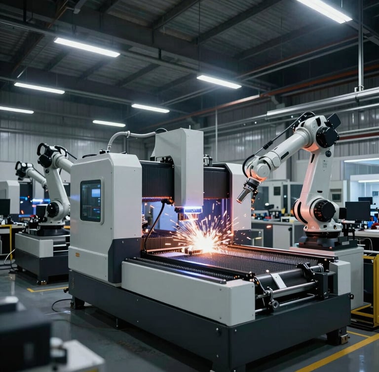 Wide-angle shot of a modern, high-tech manufacturing floor in Saudi Arabia, showing large CNC machines and robotic welding stations, dramatic industrial lighting, cool metallic tones, sharp focus.