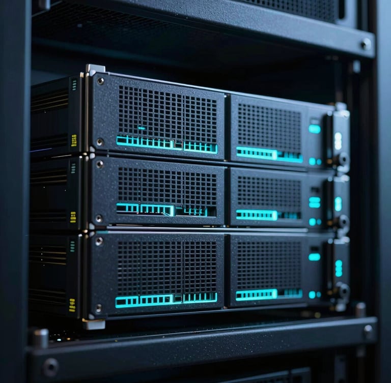 Cool technical photography, macro crop of modern server hardware glowing with electric cyan highlights, rack-mounted processors, shallow depth of field