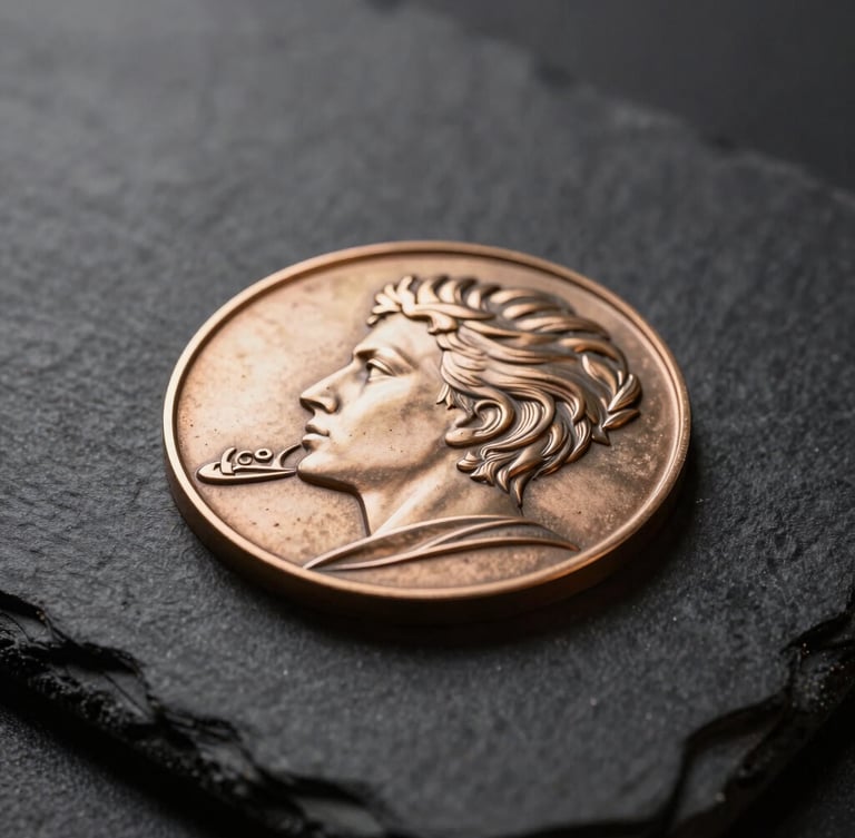 Macro product photography, dramatic side-lighting from the left, dark slate background, master craftsman hand-carving a steel medal matrix with warm metallic reflections, 85mm lens, shallow depth of field