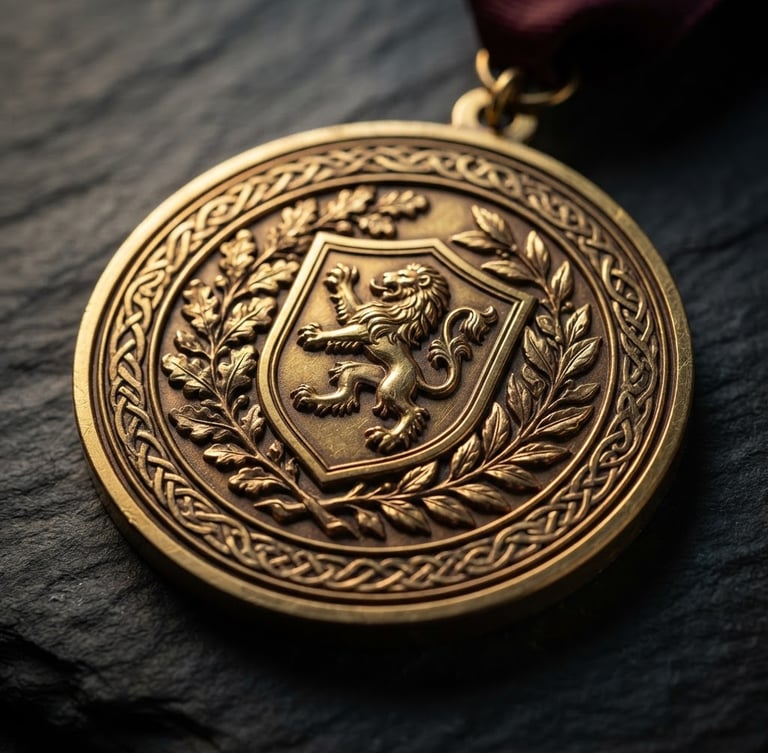 Macro product photography of a custom gold medal with deep 3D engravings, dramatic side-lighting casting sharp shadows, dark slate background, metallic gold reflections, 85mm lens, shallow depth of field