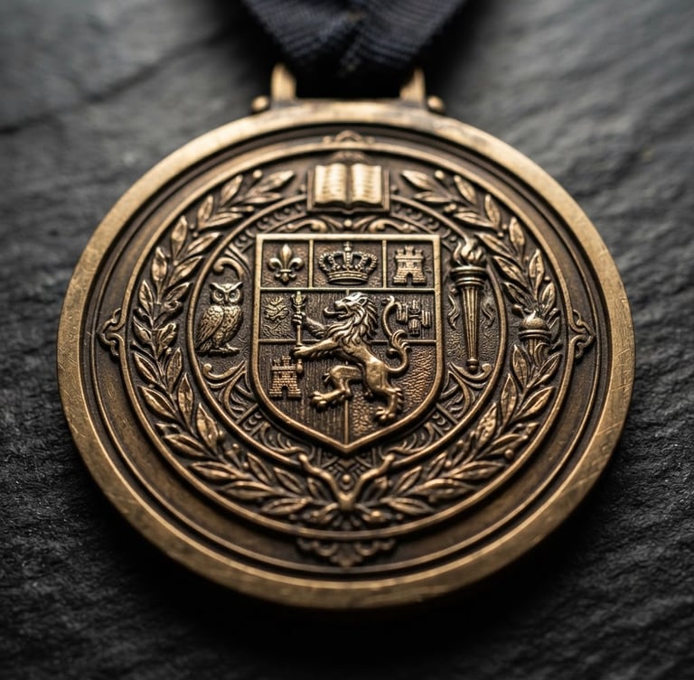 Macro product photography of a heavy bronze academic medal with a highly detailed heraldic crest, deep engravings, dramatic side-lighting on a dark slate background, shallow depth of field