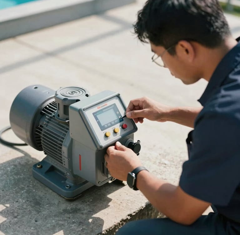 A technician in a clean uniform adjusting a high-efficiency pool pump on a concrete pad, bright Mississippi sunlight, sharp focus on the control panel.